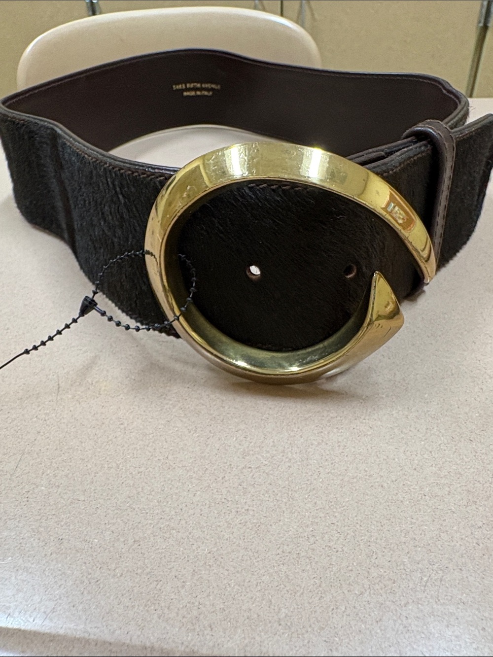 Vintage Saks Fifth Avenue Calf Hair Belt Made In Italy Gold Sculptural Buckle M